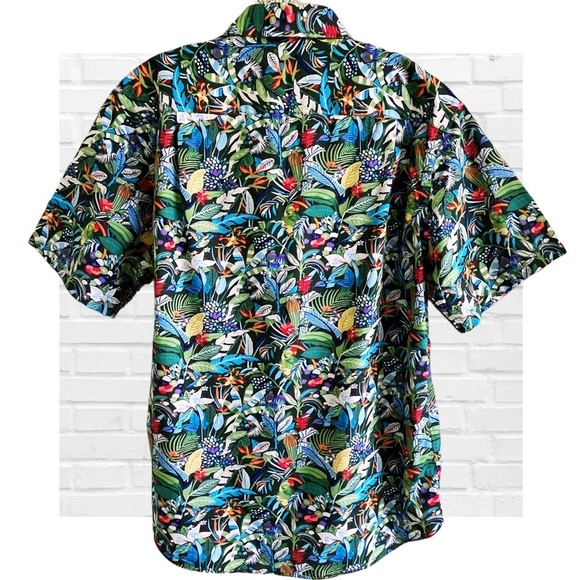 Allan Flusser Hawaiian Tropical Floral Button Up Cuban Camp Shirt Large Parrot - Picture 2 of 11